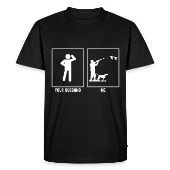 Her husband - I - hunting birds - Men's Premium Organic T-Shirt - black - Front - Nico (187cm)