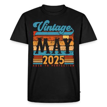 Mai 2025, Cadeau Anniversaire Vintage mai 2025. - T-shirt Premium bio Homme - noir - Devant - Nico (187cm)