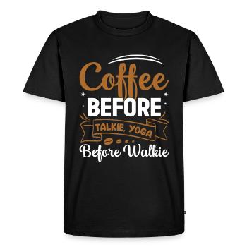 Coffee before talking and yoga before walking - Men's Premium Organic T-Shirt - black - Front - Nico (187cm)