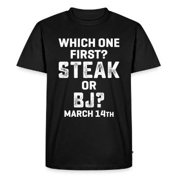 D’abord le steak, puis les bulles, le jour parfait, le rêve de l’homme - T-shirt Premium bio Homme - noir - Devant - Nico (187cm)