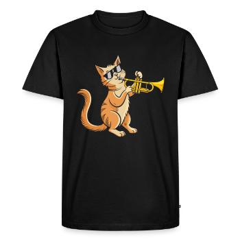 Drôle de chat avec des lunettes de soleil jouant de la trompette - T-shirt Premium bio Homme - noir - Devant - Nico (187cm)