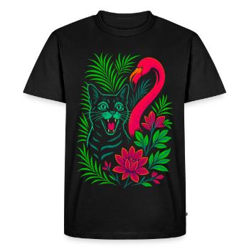 Tropical Cat & Flamingo - Summer 2025 - Men's Premium Organic T-Shirt - black - Front - Nico (187cm)