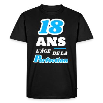 18 ans l’âge de la perfection anniversaire humour - T-shirt Premium bio Homme - noir - Devant - Nico (187cm)