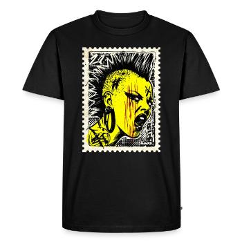 Wild punk woman with mohawk and anger on postage stamp - Men's Premium Organic T-Shirt - black - Front - Nico (187cm)