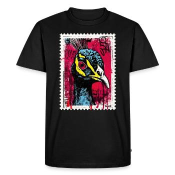 Peacock with pink eyes in street art look - Men's Premium Organic T-Shirt - black - Front - Nico (187cm)