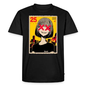 Fille japonaise X-eyes devant la ville en feu - T-shirt Premium bio Homme - noir - Devant - Nico (187cm)