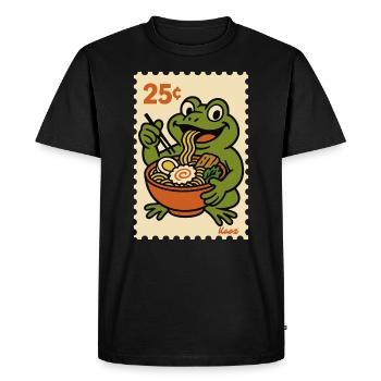 Happy frog with ramen on postage stamp - Men's Premium Organic T-Shirt - black - Front - Nico (187cm)