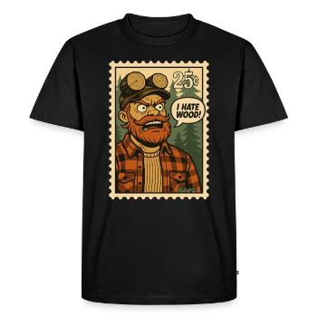 Angry lumberjack with saying: "I hate wood!" - Men's Premium Organic T-Shirt - black - Front - Nico (187cm)