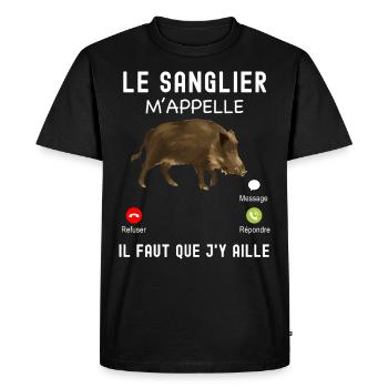 Chasseur je t'attend humour appelle sanglier - T-shirt Premium bio Homme - noir - Devant - Nico (187cm)
