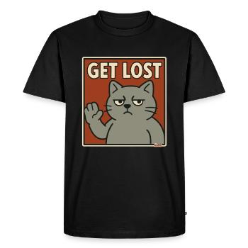 Chat agacé en disant : Sors - T-shirt Premium bio Homme - noir - Devant - Nico (187cm)