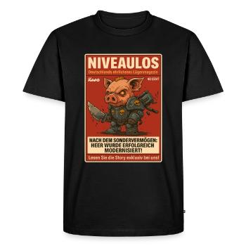 Fighting pig in armor on fake magazine - Men's Premium Organic T-Shirt - black - Front - Nico (187cm)