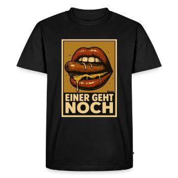 Saucisse avec de la sauce et disant « Un de plus va » - T-shirt Premium bio Homme - noir - Devant - Nico (187cm)