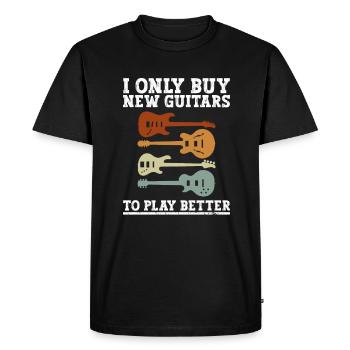 Je n’achète que de nouvelles guitares pour mieux jouer - T-shirt Premium bio Homme - noir - Devant - Nico (187cm)
