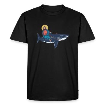 Jésus chevauche un mégalodon - requin mégalodon - T-shirt Premium bio Homme - noir - Devant - Nico (187cm)