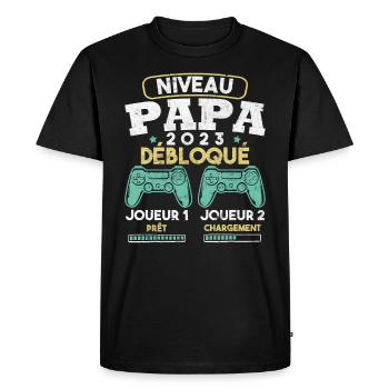 Niveau papa débloqué futur père 2023 - T-shirt Premium bio Homme - noir - Devant - Nico (187cm)