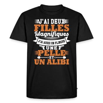 J'ai deux filles magnifiques, flingue pelle alibi - T-shirt Premium bio Homme - noir - Devant - Nico (187cm)