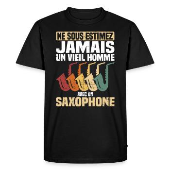 Un vieil homme avec un saxophone - T-shirt Premium bio Homme - noir - Devant - Nico (187cm)