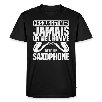 Un vieil homme avec un saxophone - T-shirt Premium bio Homme - noir - Devant - Nico (187cm)