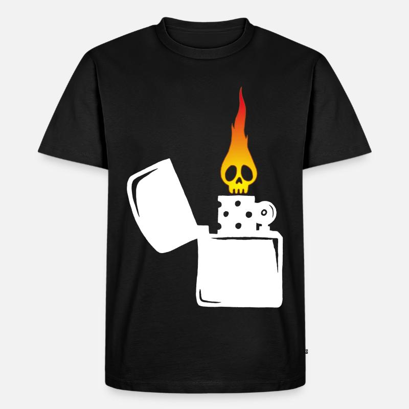 Flammenschädel und weißes Feuerzeug - Männer Premium Bio T-Shirt - Schwarz