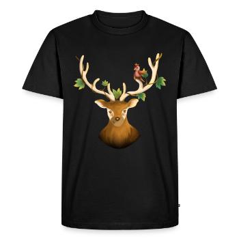 Cerf ou renne de la forêt avec oiseau et lierre - T-shirt Premium bio Homme - noir - Devant - Nico (187cm)