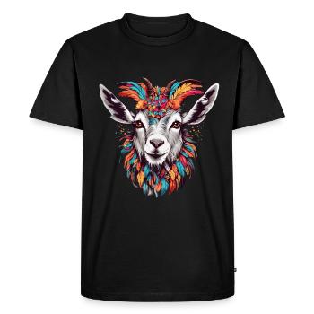 Goat with colorful feather headdress - Men's Premium Organic T-Shirt - black - Front - Nico (187cm)