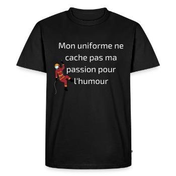 Mon uniforme ne cache pas ma passion pour l'humour - T-shirt Premium bio Homme - noir - Devant - Nico (187cm)