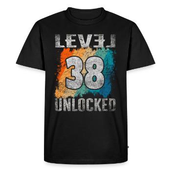 Niveau cadeau d’anniversaire débloqué 38 ans - T-shirt Premium bio Homme - noir - Devant - Nico (187cm)