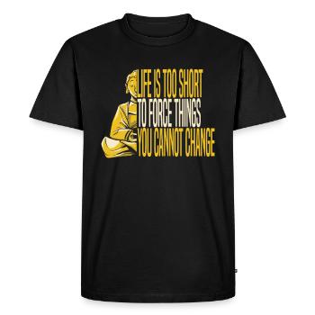 Bouddha Bouddha Bouddha Bouddha lâche la merde - T-shirt Premium bio Homme - noir - Devant - Nico (187cm)
