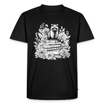 Raccoon Flower Book Reader Floral Cottagecore - Men's Premium Organic T-Shirt - black - Front - Nico (187cm)