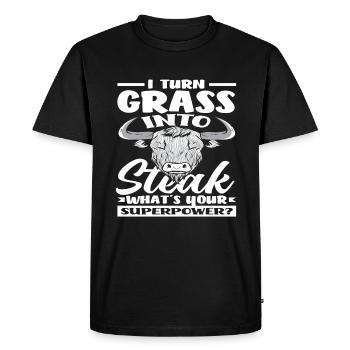 Je transforme l’herbe en steak superpuissance Highland - T-shirt Premium bio Homme - noir - Devant - Nico (187cm)