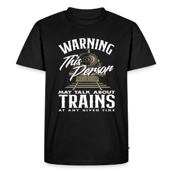 Warning: This person can be contacted at any time via trains - Men's Premium Organic T-Shirt - black - Front - Nico (187cm)