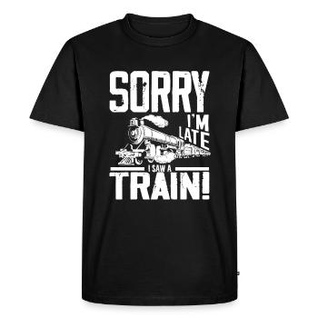 Désolé, je suis en retard, j’ai vu un train ! - T-shirt Premium bio Homme - noir - Devant - Nico (187cm)