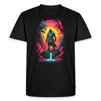 Krieger im Dungeon mit Drachen - Männer Premium Bio T-Shirt - Schwarz - Vorne - Nico (187cm)