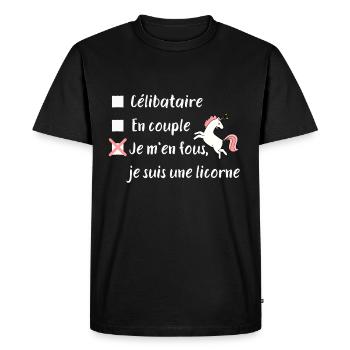 Célibataire, je m'en fous je suis une licorne - T-shirt Premium bio Homme - noir - Devant - Nico (187cm)
