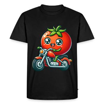 Drôle de tomate chevauchant sur la moto - T-shirt Premium bio Homme - noir - Devant - Nico (187cm)