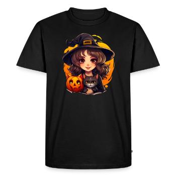 Sorcière d’Halloween avec chat noir et citrouille - T-shirt Premium bio Homme - noir - Devant - Nico (187cm)