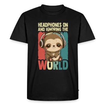 Casque paresseux écoutant de la musique Kawaii - T-shirt Premium bio Homme - noir - Devant - Nico (187cm)