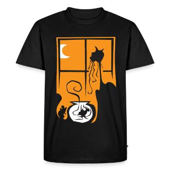 Halloween, chat, souris, poisson, orange, fenêtre, lune - T-shirt Premium bio Homme - noir - Devant - Nico (187cm)