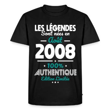 Anniversaire 18 ans - Légendes nées Août 2008 - T-shirt Premium bio Homme - noir - Devant - Nico (187cm)