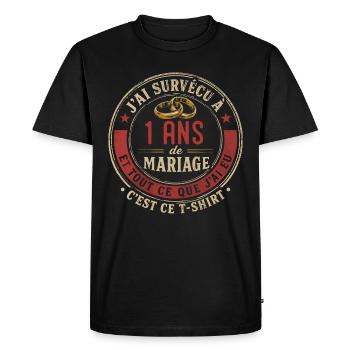 Humour Anniversaire : J'ai Survécu à 1 An - T-shirt Premium bio Homme - noir - Devant - Nico (187cm)