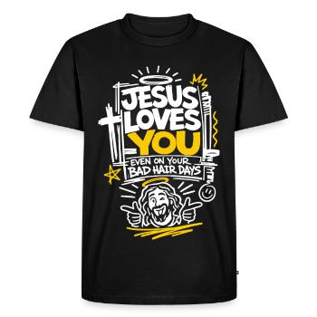 Jésus t’aime Mauvais jours de cheveux - T-shirt Premium bio Homme - noir - Devant - Nico (187cm)