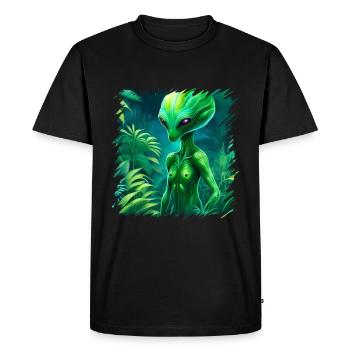 Green aliens, aliens and UFOs in the forest, outer space - Men's Premium Organic T-Shirt - black - Front - Nico (187cm)