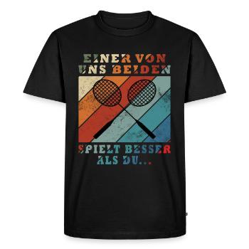 L’un de nous joue mieux que le badminton - T-shirt Premium bio Homme - noir - Devant - Nico (187cm)