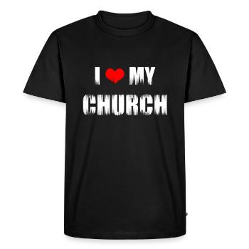Don chrétien J’aime mon Église Chrétienne - T-shirt Premium bio Homme - noir - Devant - Nico (187cm)