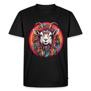 Goat with feather headdress and flowers in color wheel - Men's Premium Organic T-Shirt - black - Front - Nico (187cm)