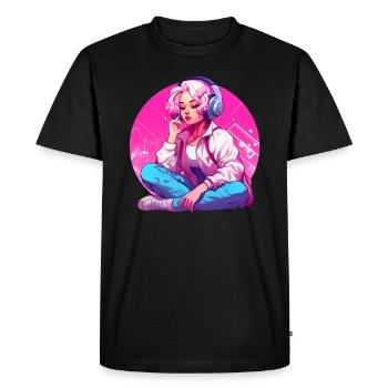Fille avec des écouteurs - T-shirt Premium bio Homme - noir - Devant - Nico (187cm)