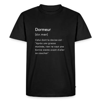 Définition parodique de "Dormeur" - T-shirt Premium bio Homme - noir - Devant - Nico (187cm)