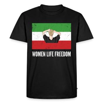 Nouveau drapeau iranien sans hijab pour les femmes Support de poing - T-shirt Premium bio Homme - noir - Devant - Nico (187cm)