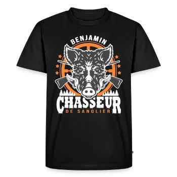 Benjamin chasseur de sanglier Humour Chasse - T-shirt Premium bio Homme - noir - Devant - Nico (187cm)