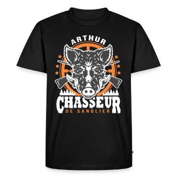 Arthur chasseur de sanglier Humour Chasse - T-shirt Premium bio Homme - noir - Devant - Nico (187cm)